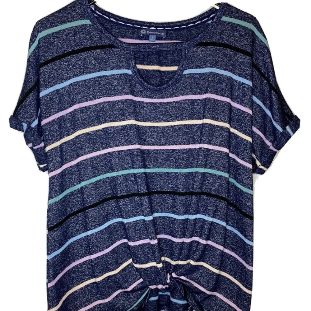 Democracy Women's Large Navy Striped Blouse Rolled Sleeve